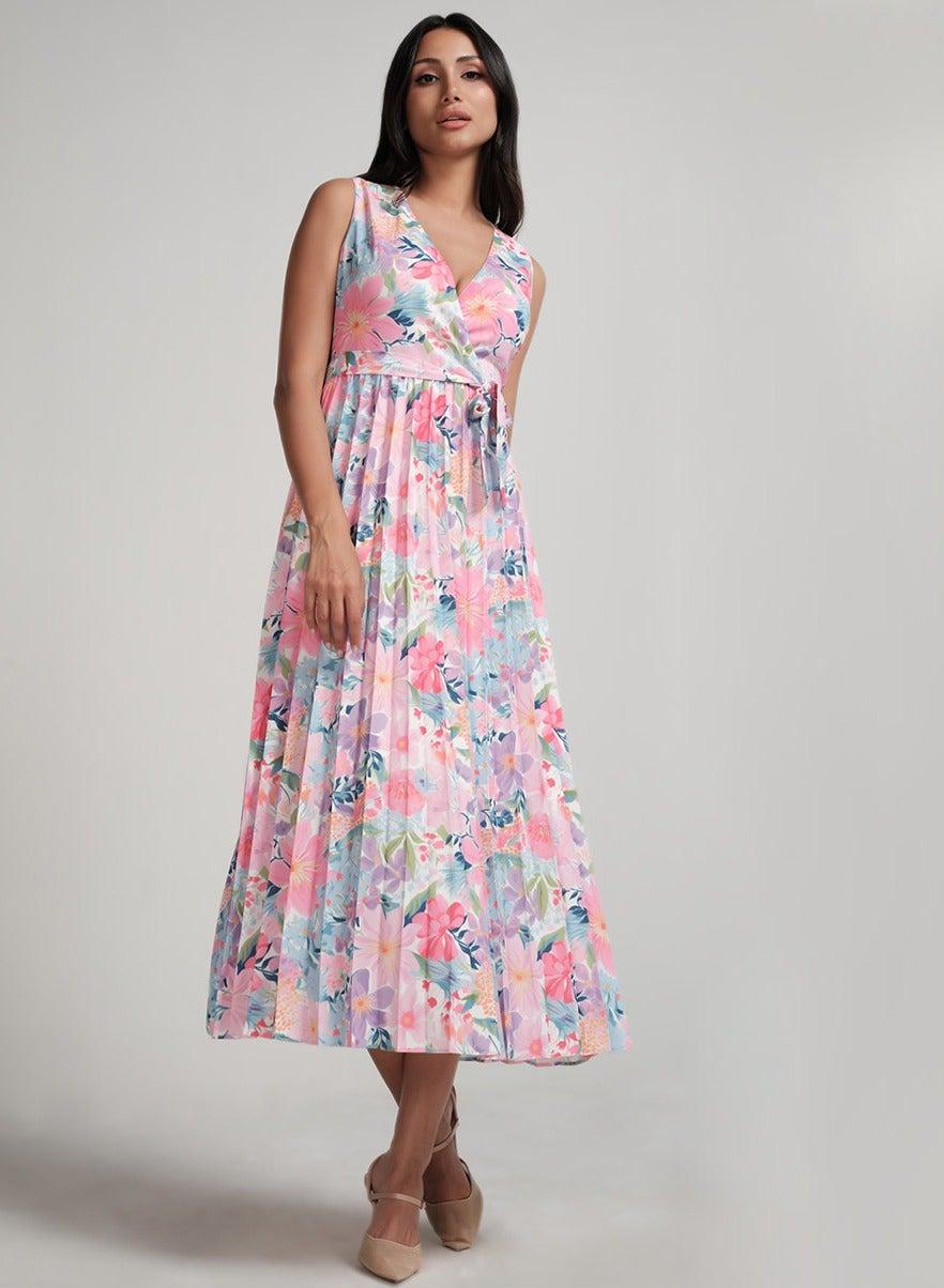 Pastel Floral Pleated Midi Dress with Tie Waist - Image 1