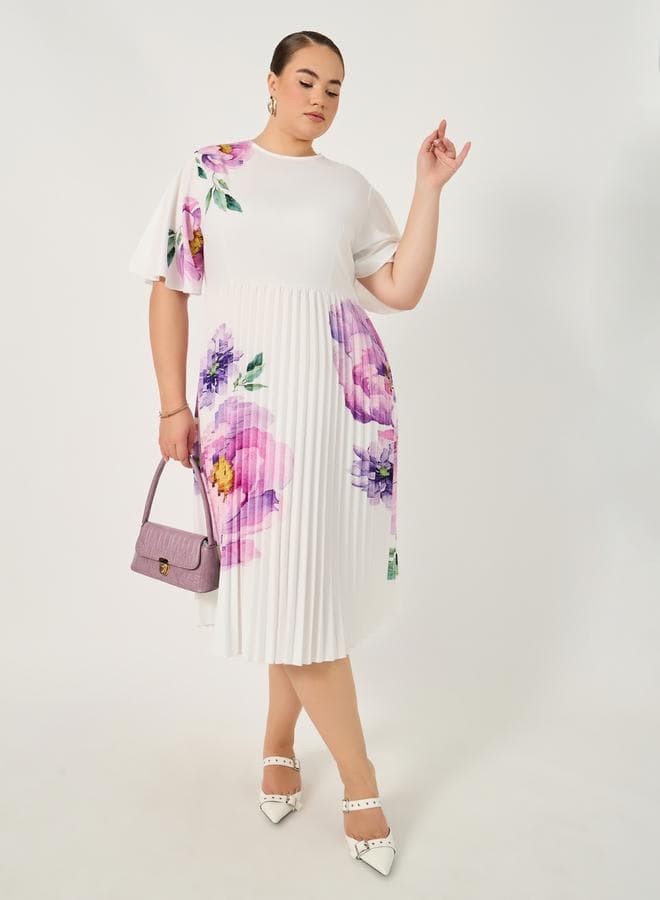 Floral Pleated Midi Dress in Elegant White - Image 1