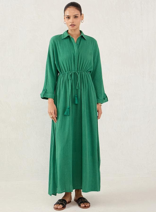 Femmella Green Crinkled A-Line Maxi Dress Drawstring Waist - Image 1