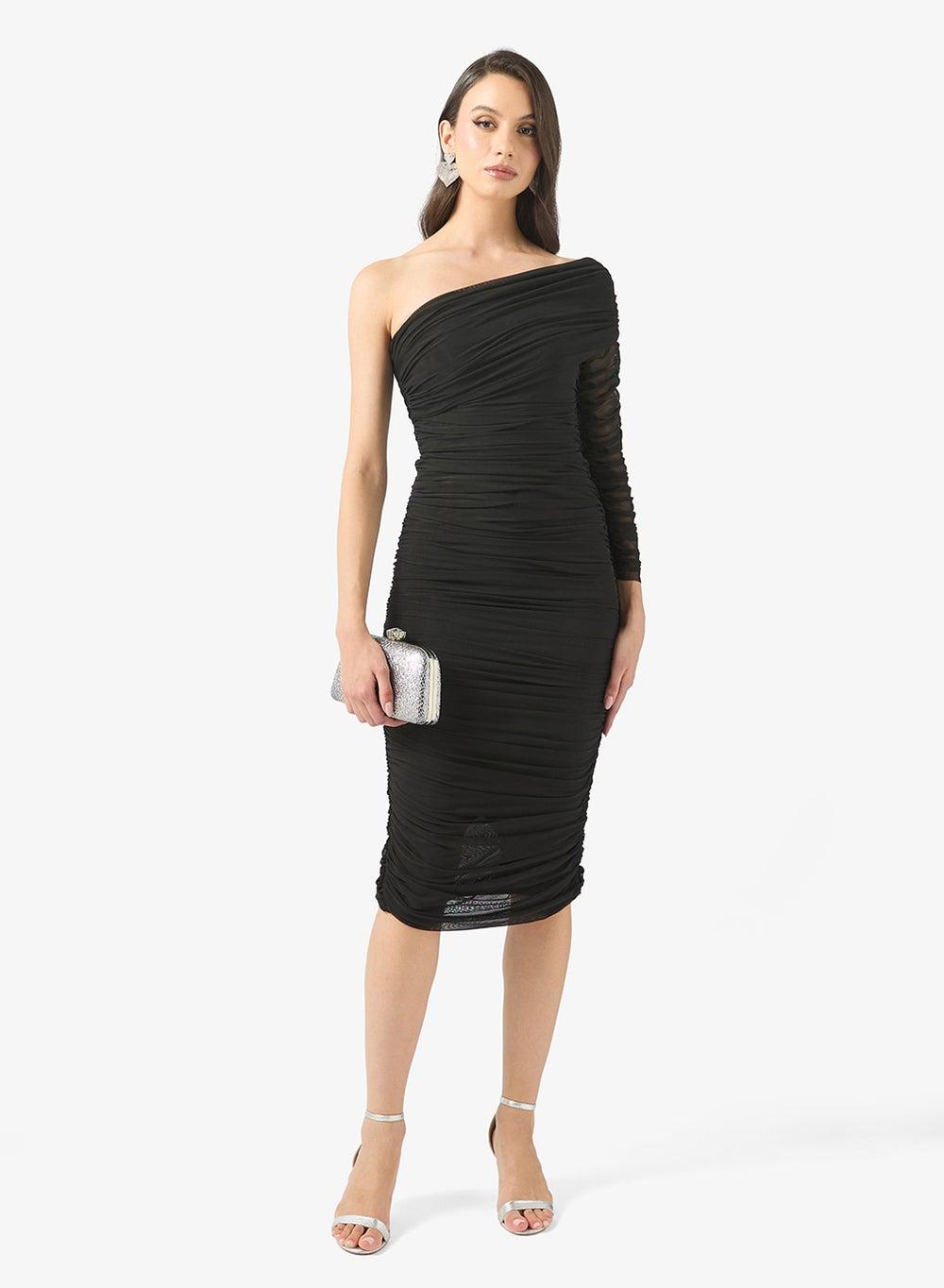Black Ruched One-Shoulder Midi Dress - Image 1