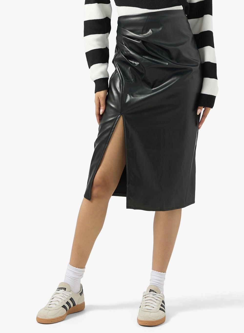PU Leather Midi Skirt with Elegant Side Slit - Image 1