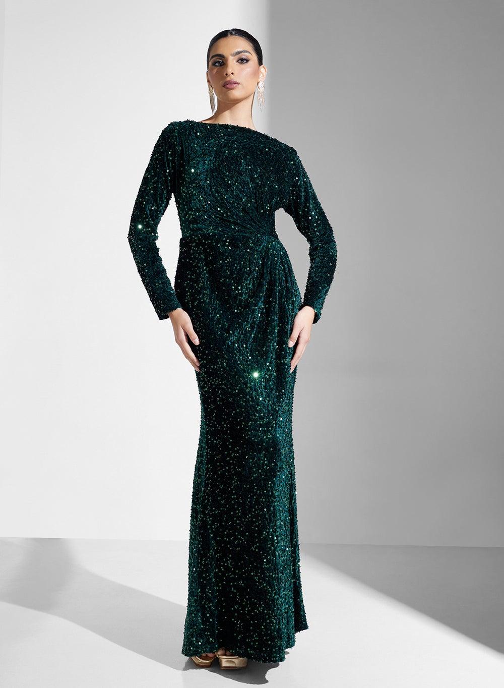 Emerald Sequin Maxi Dress with Draped Waist Detail - Image 1