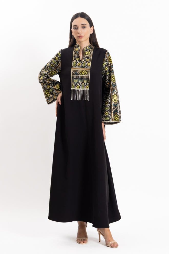 Black Embroidered Sleeve A-Line Maxi Dress - Image 1