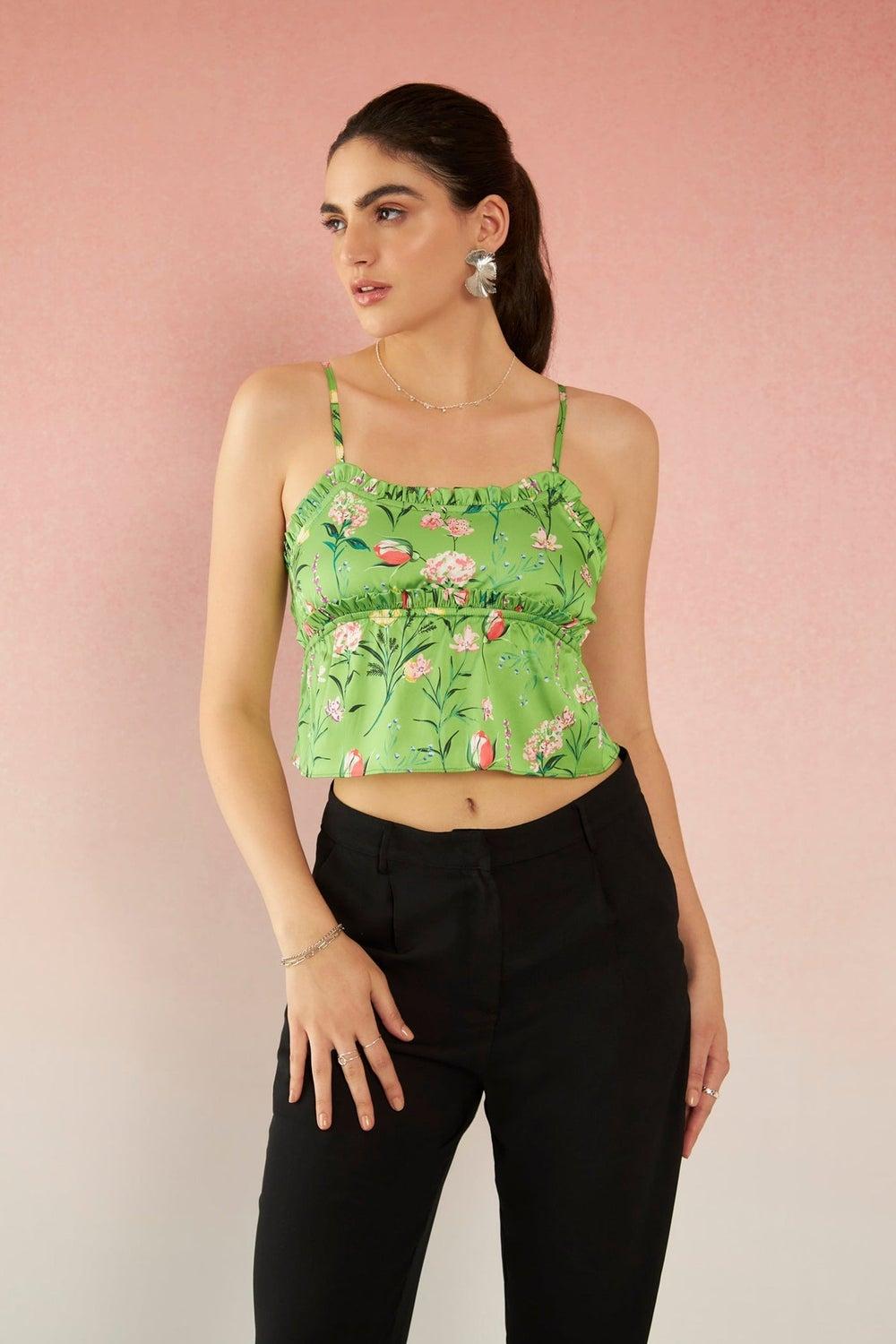 Floral Satin Bustier Strappy Ruffle Top - Image 1