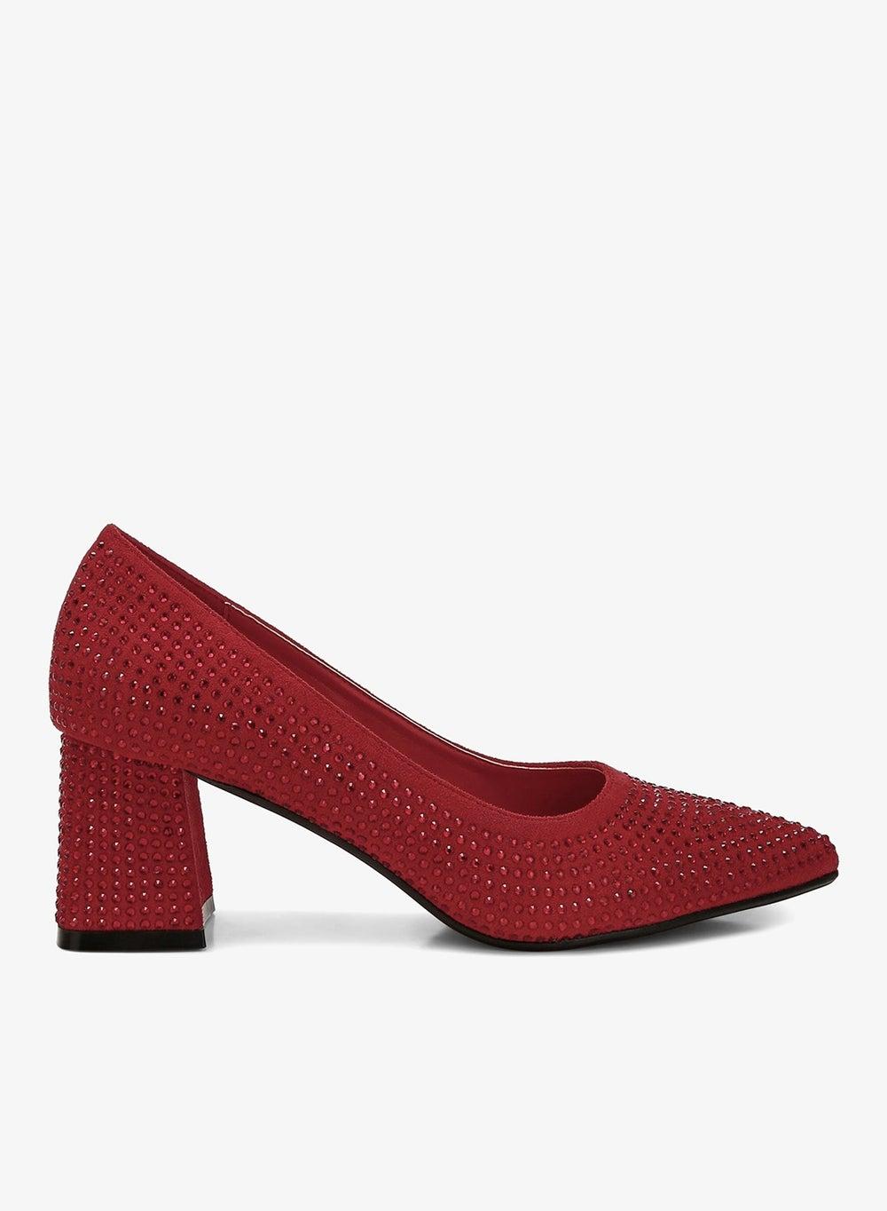 Red Rhinestone Block Heel Pumps - Image 1