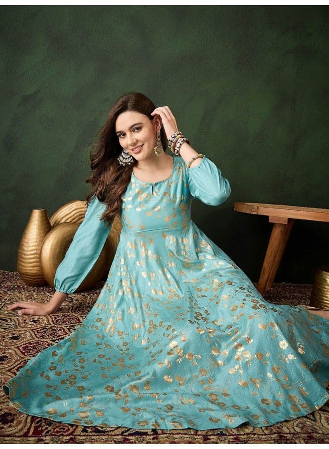 Sky Blue Gold Foil Cold Shoulder Anarkali Dress - Image 1