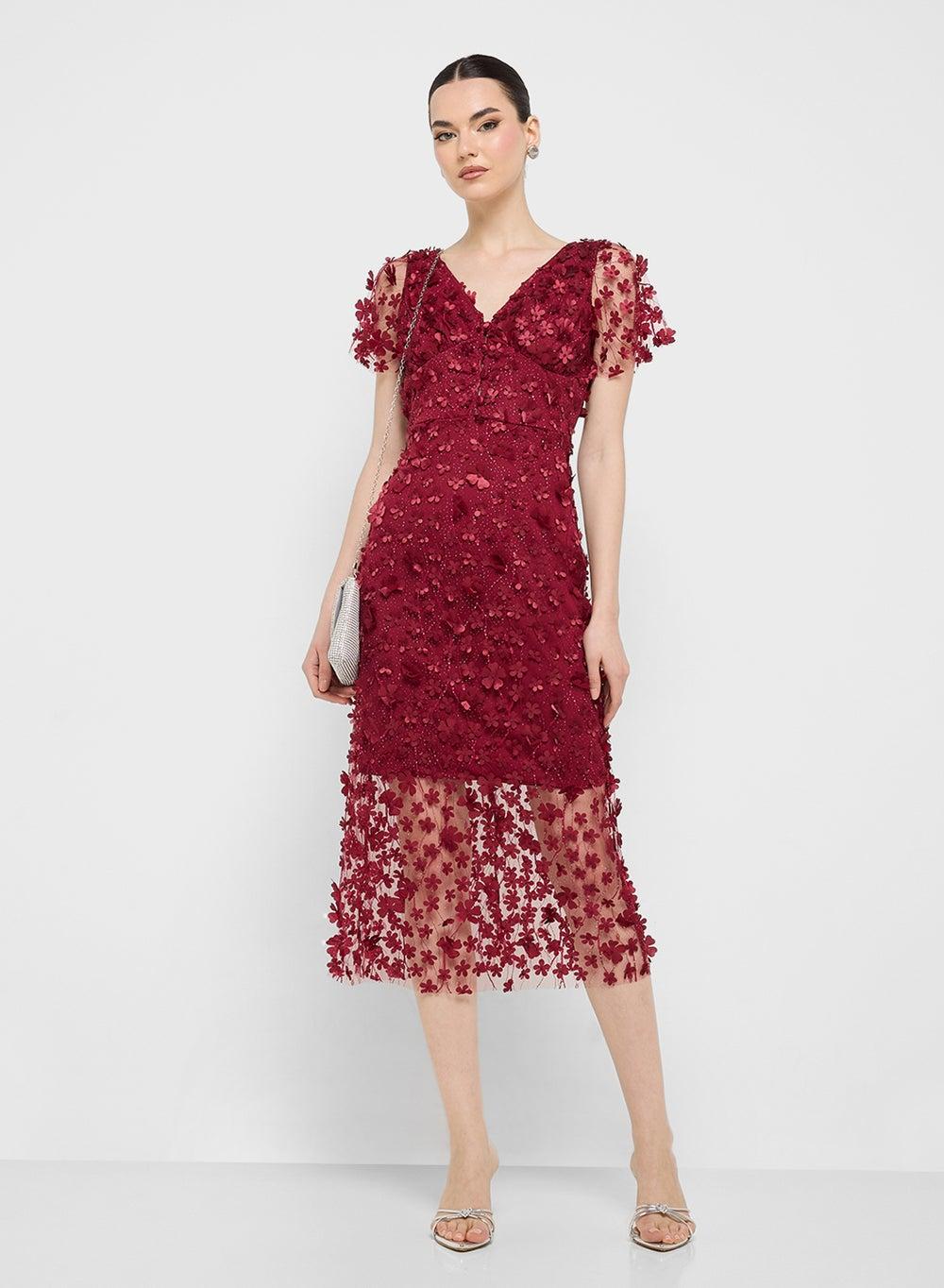 Red Floral Appliqué V-Neck Midi Dress - Image 1