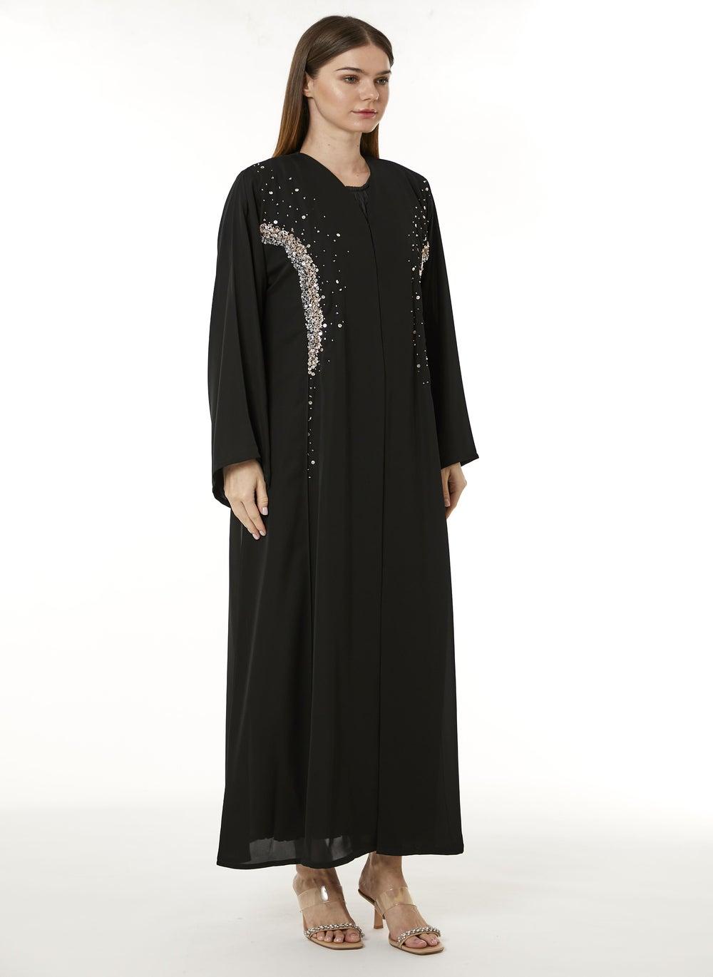 Black Korean Nida Hand-Embellished Abaya Set - Image 1