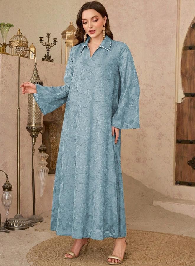 Blue Jacquard Collar Embellished A-Line Jalabiya - Image 1