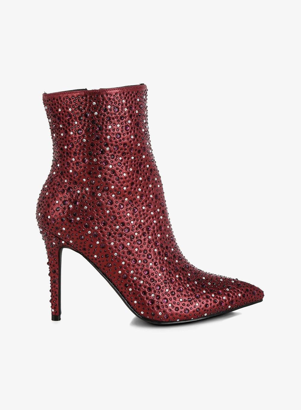 Burgundy Rhinestone Stiletto Ankle Boots - Image 1