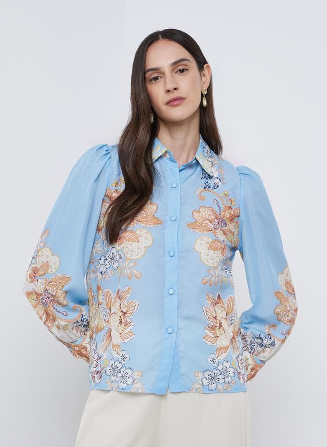 Styli Light Blue Floral Placement Buttoned Shirt - Image 1