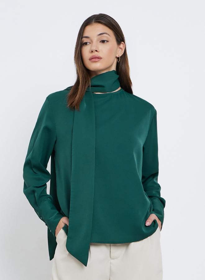 Styli Green Long Sleeve Blouse with Elegant Scarf Detail - Image 1