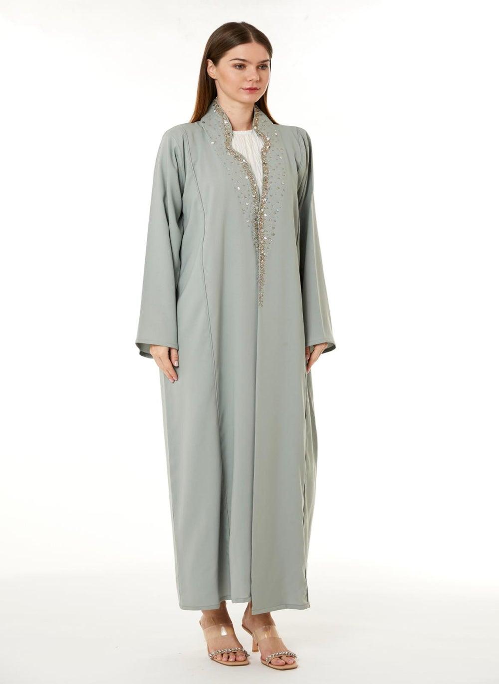 Grey Indonesian Crepe Hand-Embellished V-Neck Abaya - Image 1
