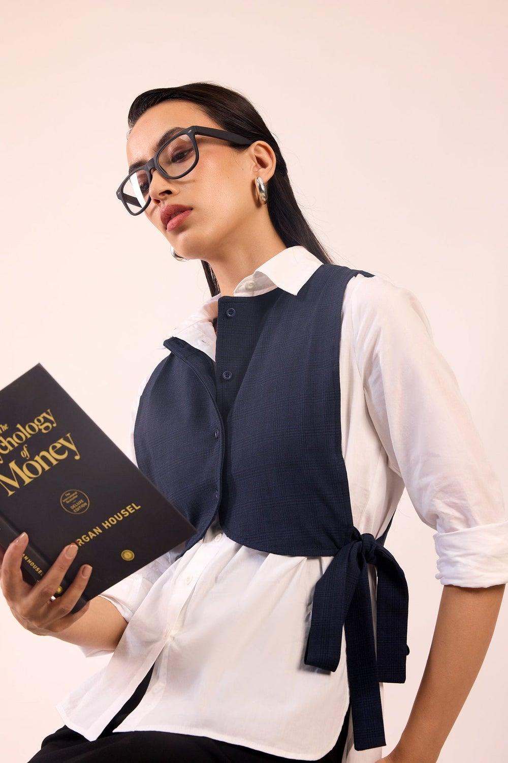 Women’s Navy Viscose Stretch Crop Vest Blazer - Image 1