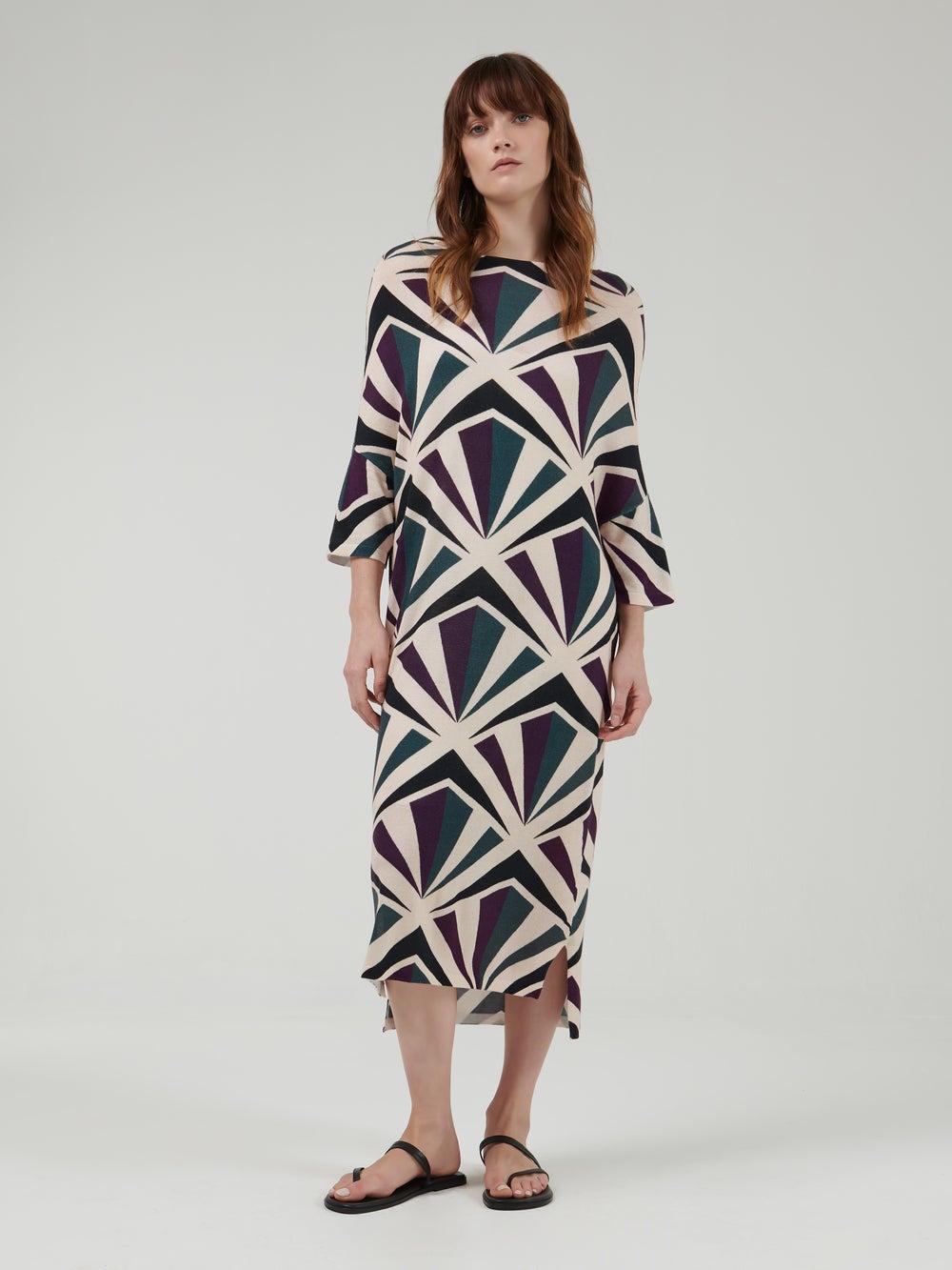 Burgundy Geometric Knit Kaftan with Jersey Slip - Image 1