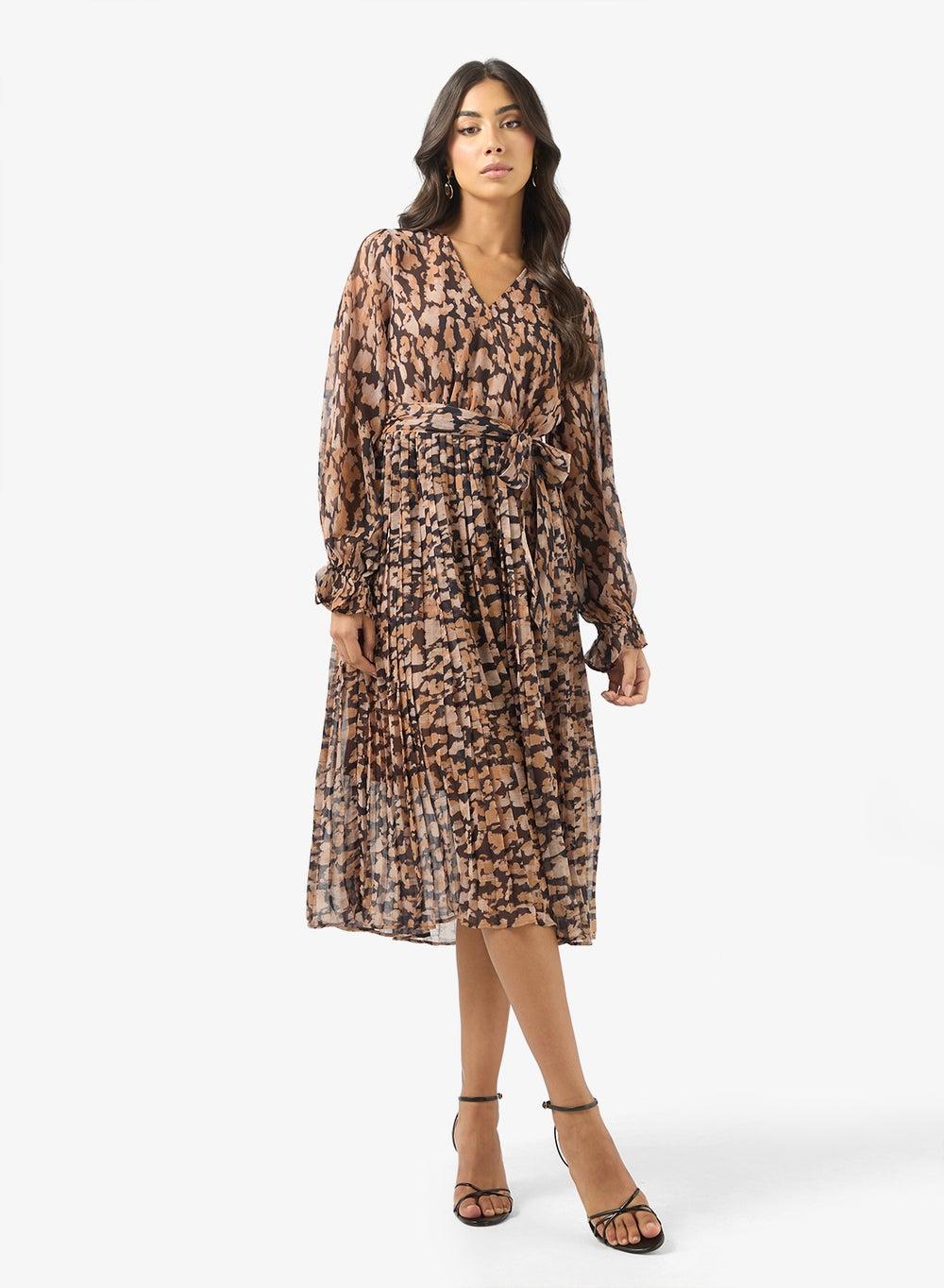 Printed V-Neck Midi Dress in Modern Silhouette - Image 1