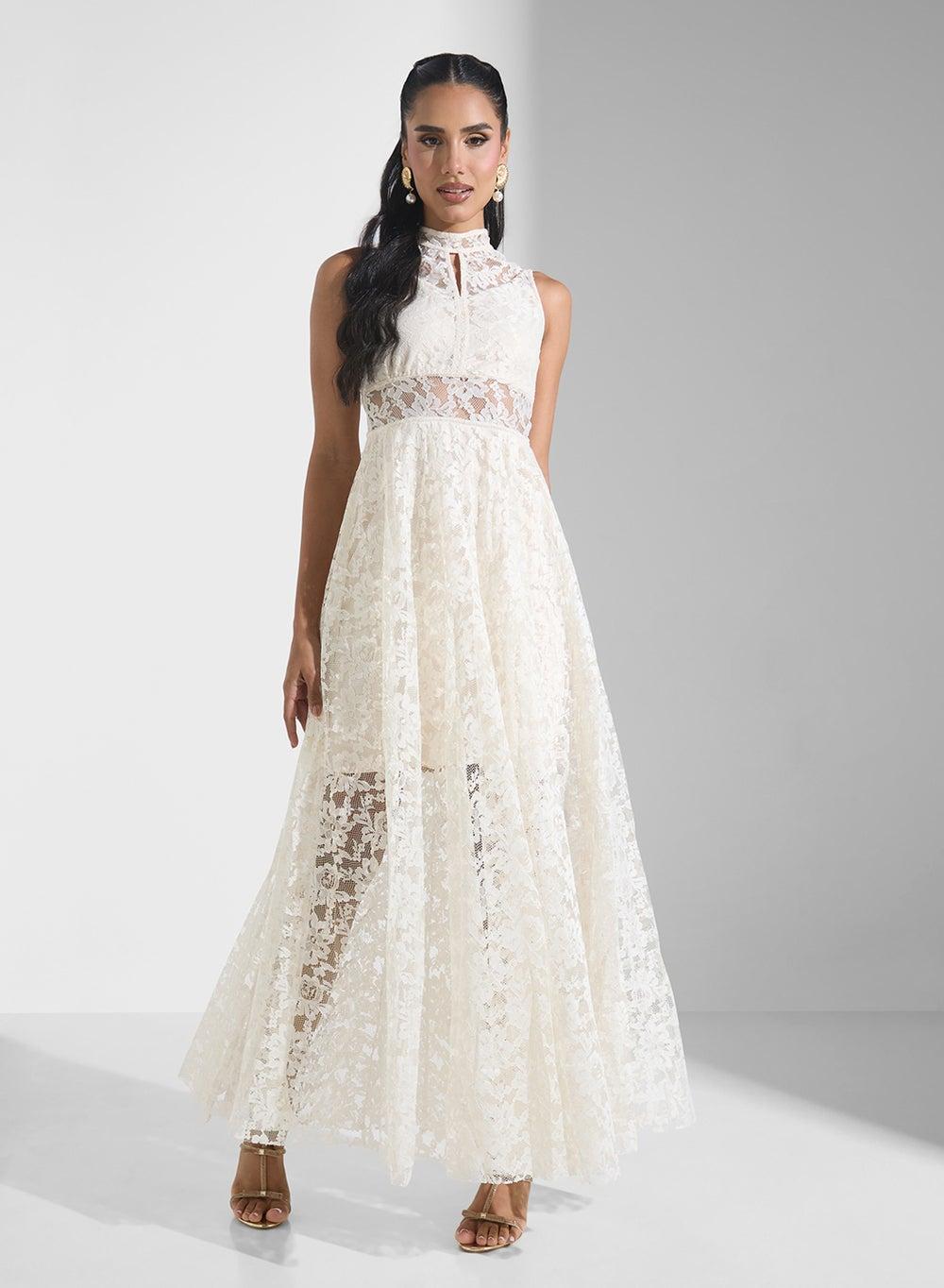 Off-White Lace Mockneck A-Line Maxi Dress - Image 1