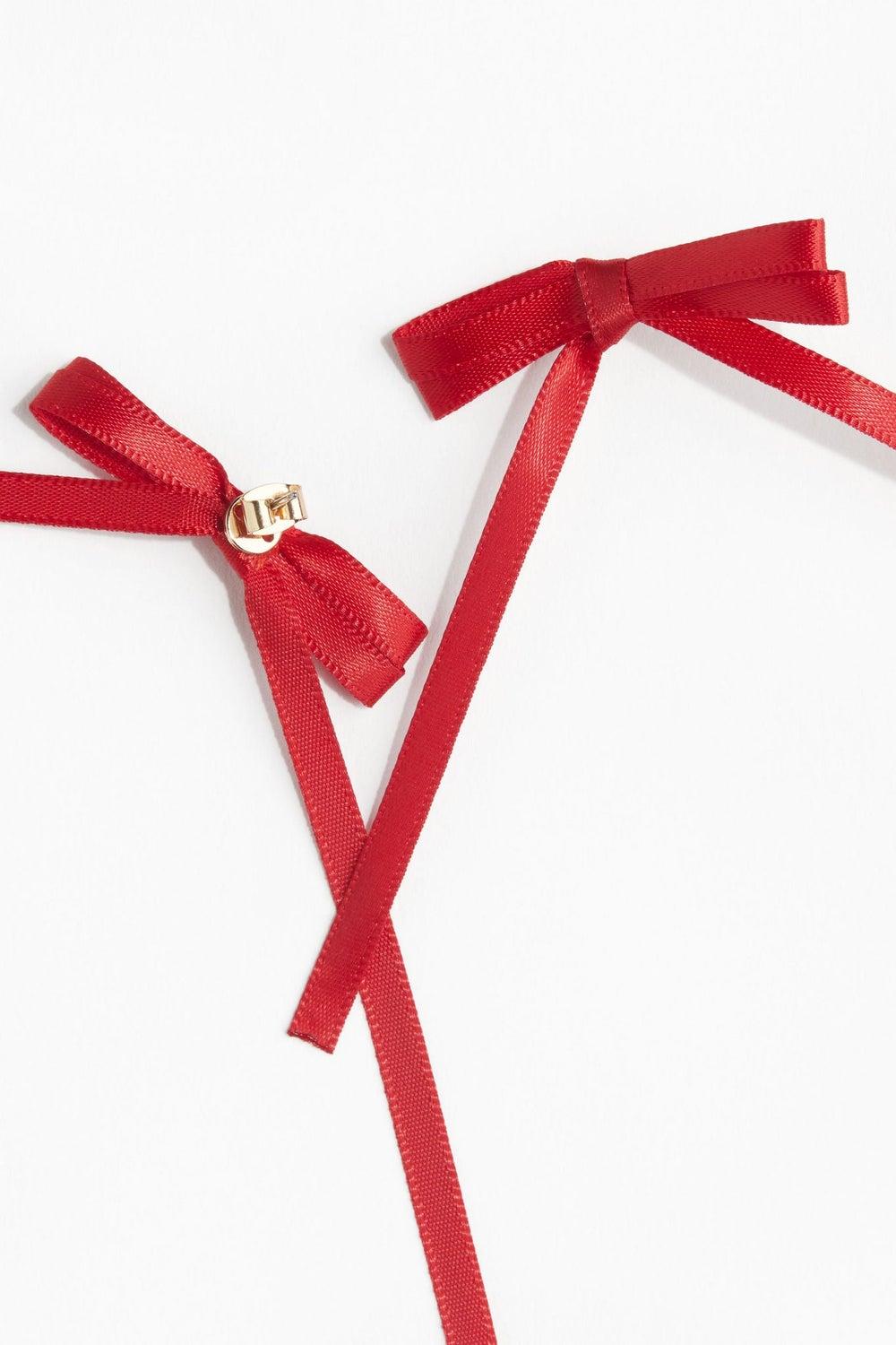 XMAS Ribbon Bow Statement Earrings with Flowing Tails - Image 1
