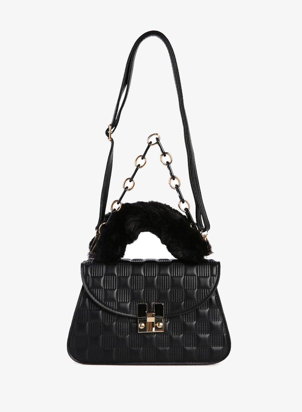 Black Quilted Faux Leather Sling Bag with Chain Detail - Image 1