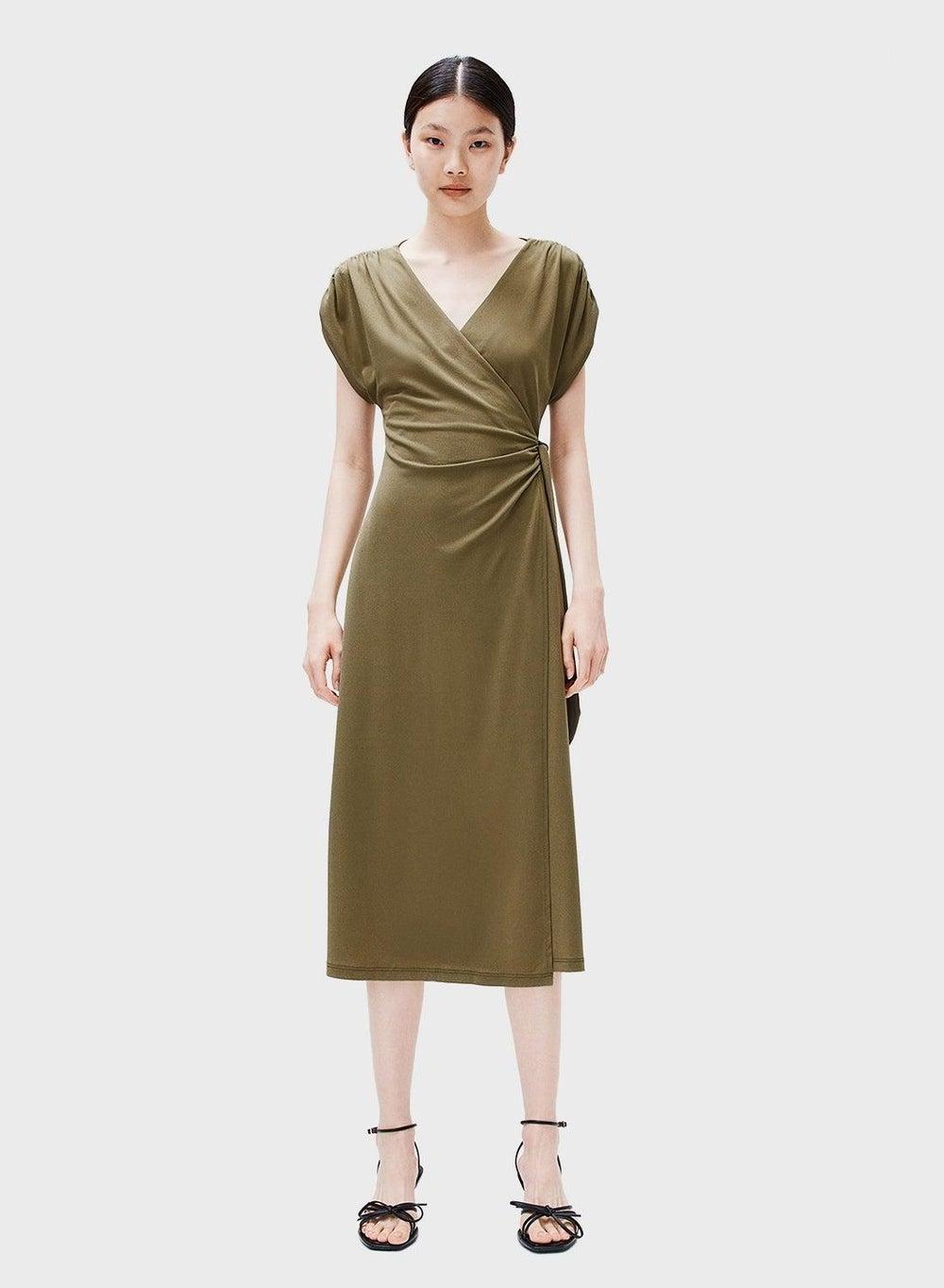 Olive Wrap Midi Dress in Soft Draped Jersey - Image 1