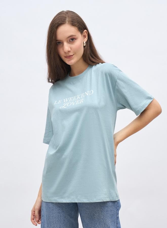 Blue Slogan Oversized T-Shirt for Women - Image 1