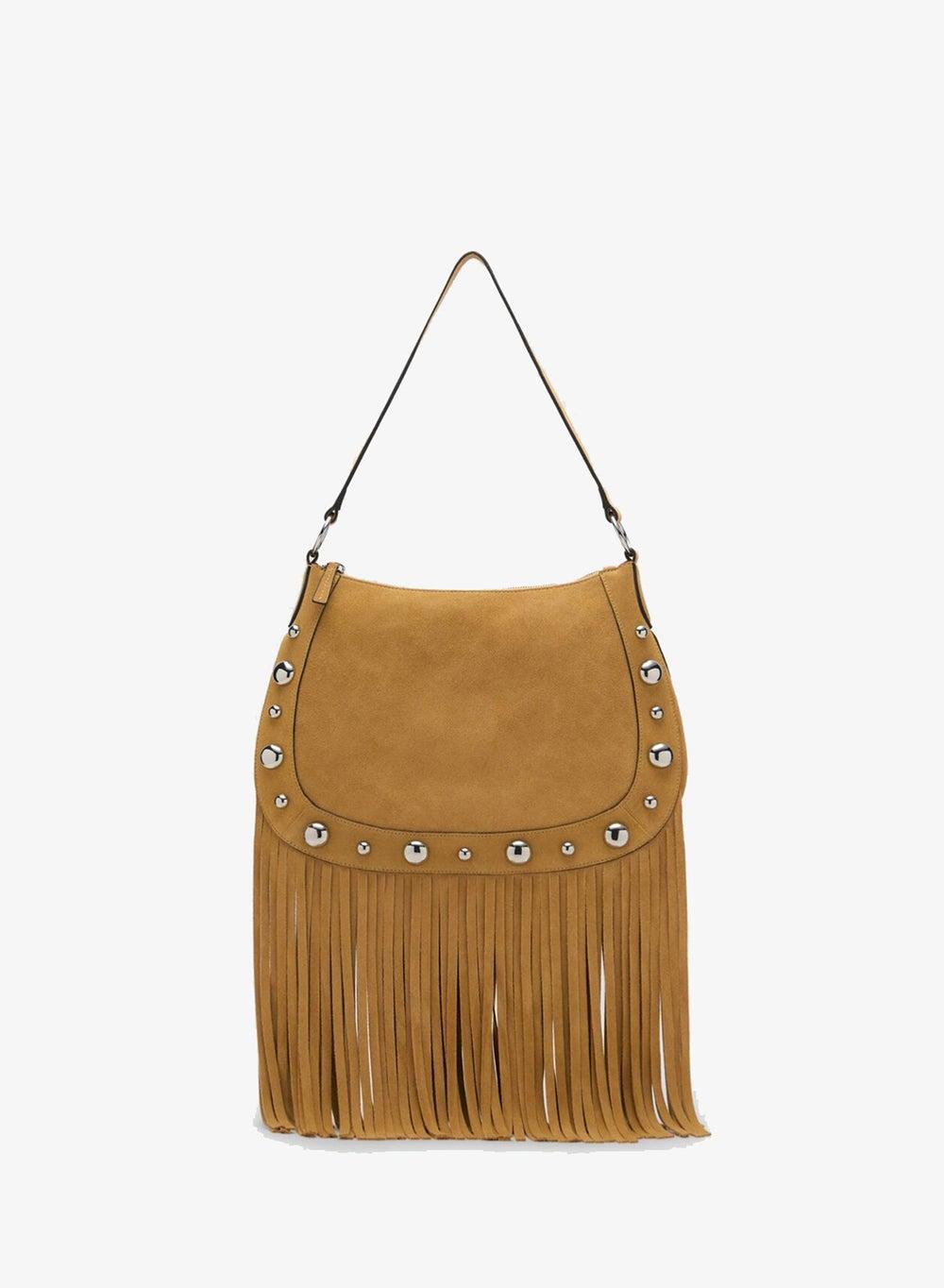 Fringed Suede Leather Shoulder Bag with Stud Accents - Image 1