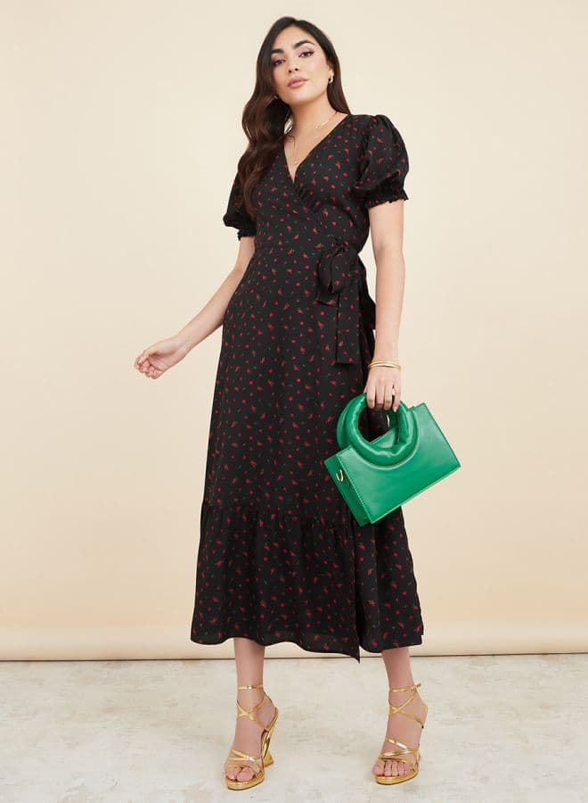Floral Wrap Midi Dress with Cuffed Sleeves - Image 1