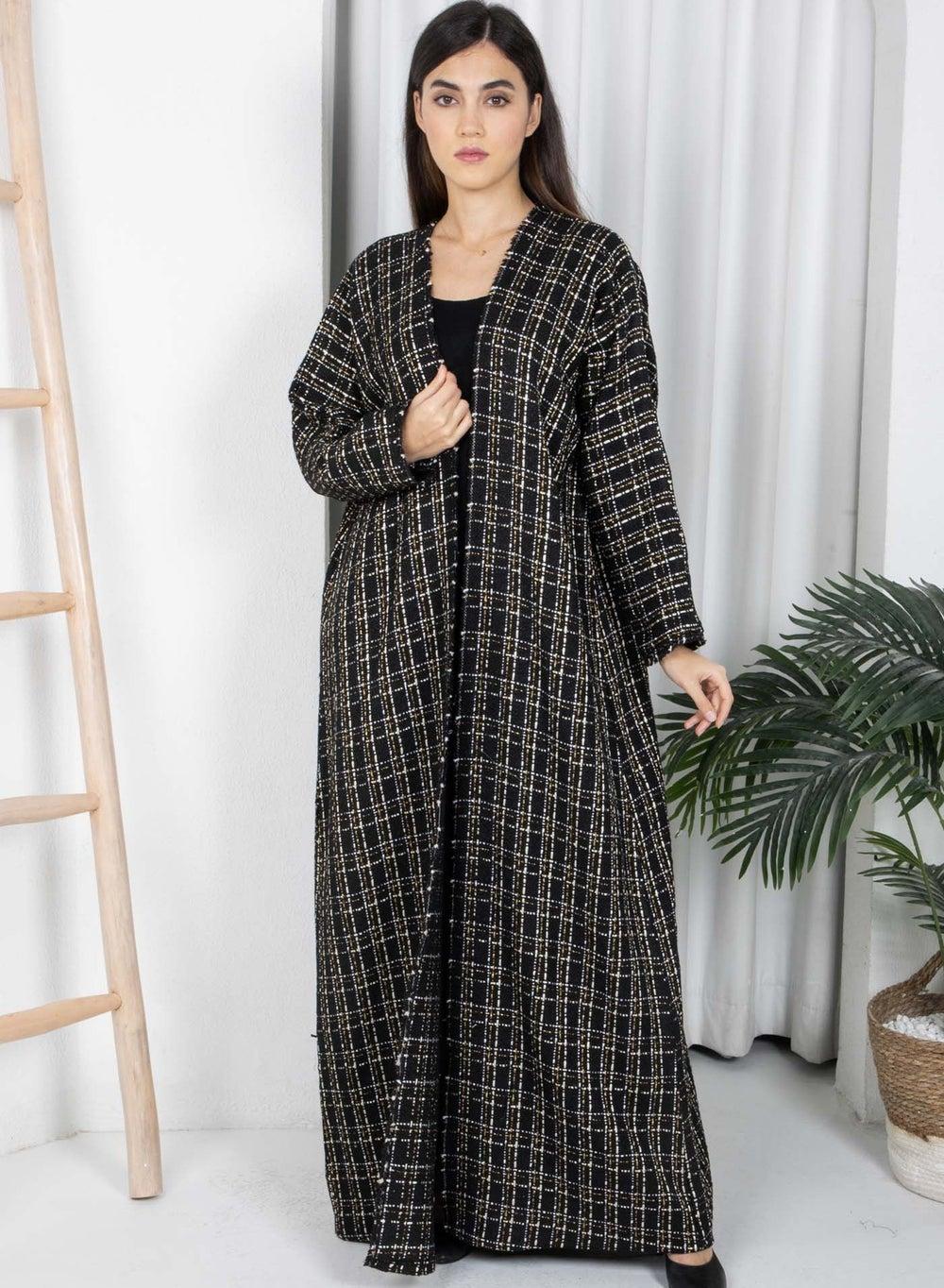 Black Winter Tweed Abaya with Multicolor Thread & Headscarf - Image 1