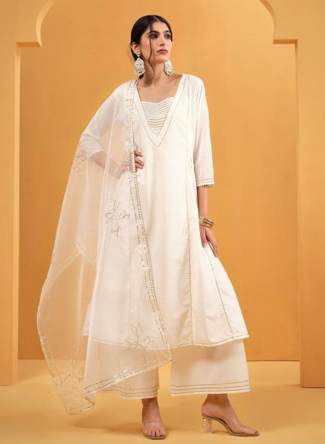 Ishin White Cotton Embellished Kurta Palazzo Set - Image 1