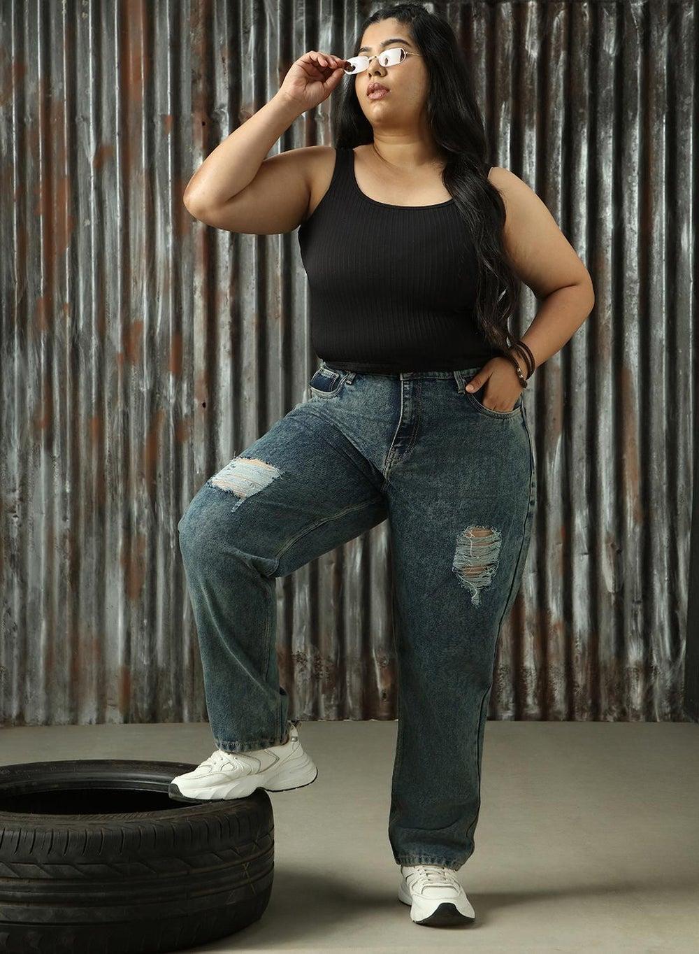 Indigo High-Rise Distressed Plus Size Cotton Jeans - Image 1