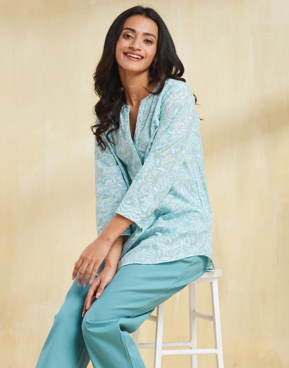 Blue Cotton Hand Block Printed Tunic Kurta - Image 1