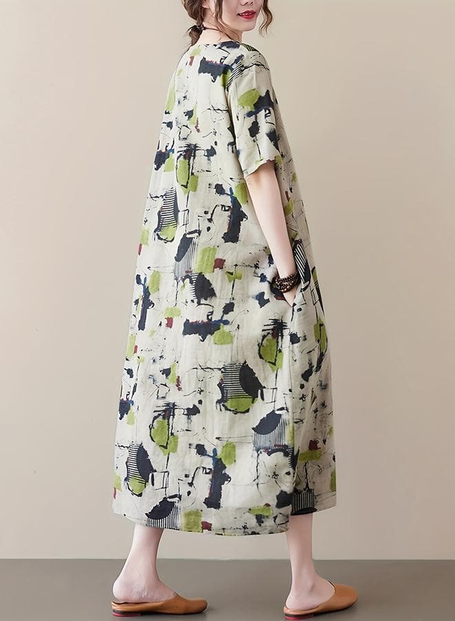 Printed Round Neck Midi Dress with Short Sleeves - Image 1