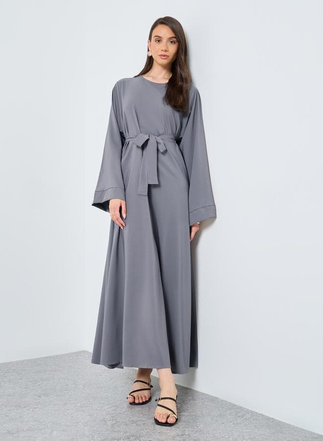 Elegant Solid Long Sleeve Belted Abaya - Image 1