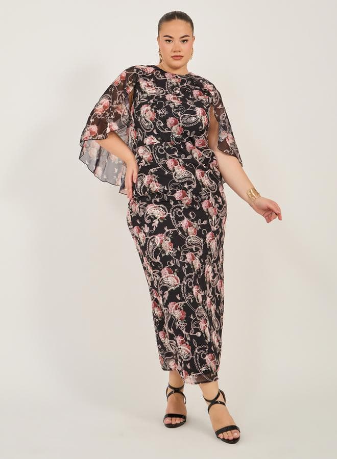 Dark Floral Chiffon Cape Sleeve Midi Dress - Image 1