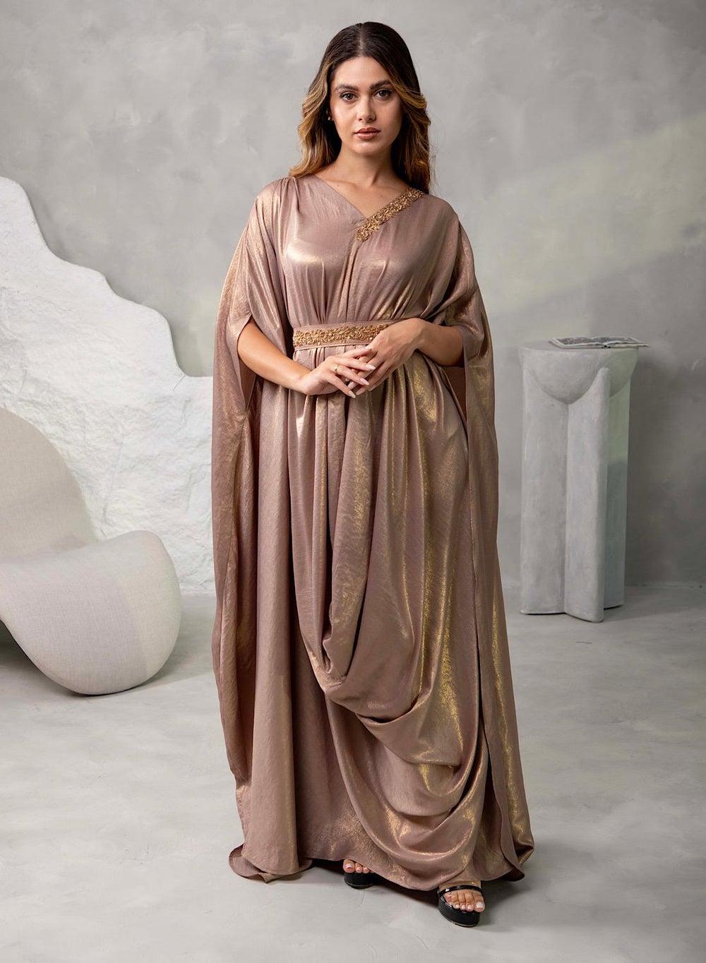 Shimmer Drape Kaftan Set with Embellished Belt - Image 1