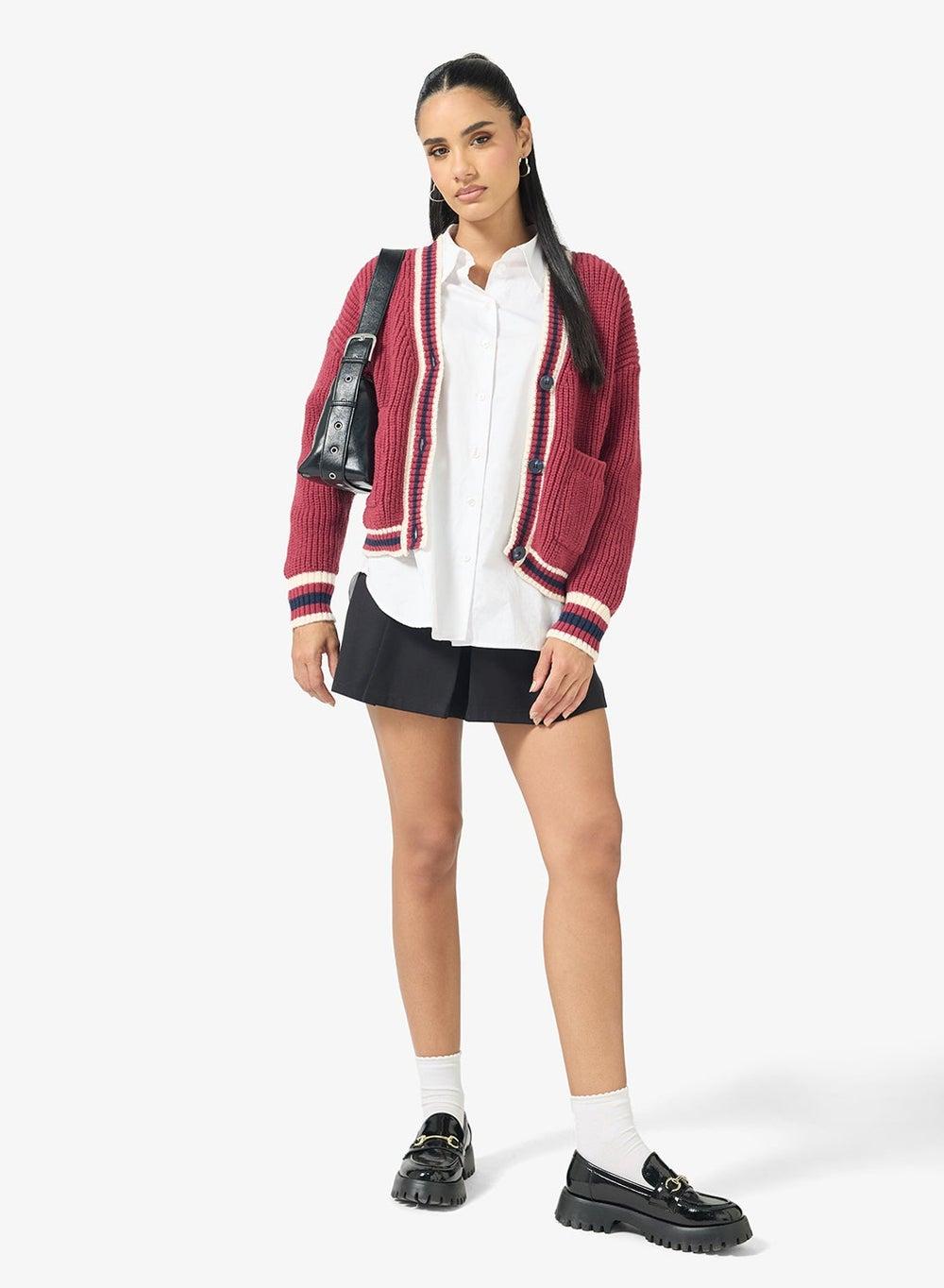 Cable Knit Varsity Cardigan – Classic Luxe Layer - Image 1