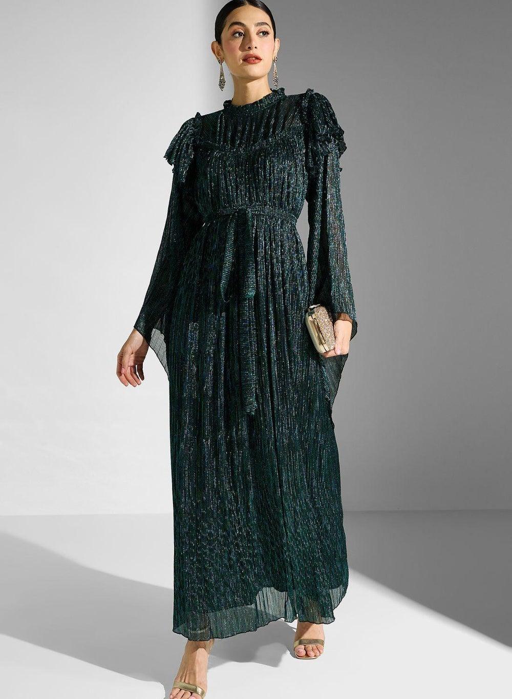 Bow Detail Bell Sleeve Mesh Evening Dress - Image 1
