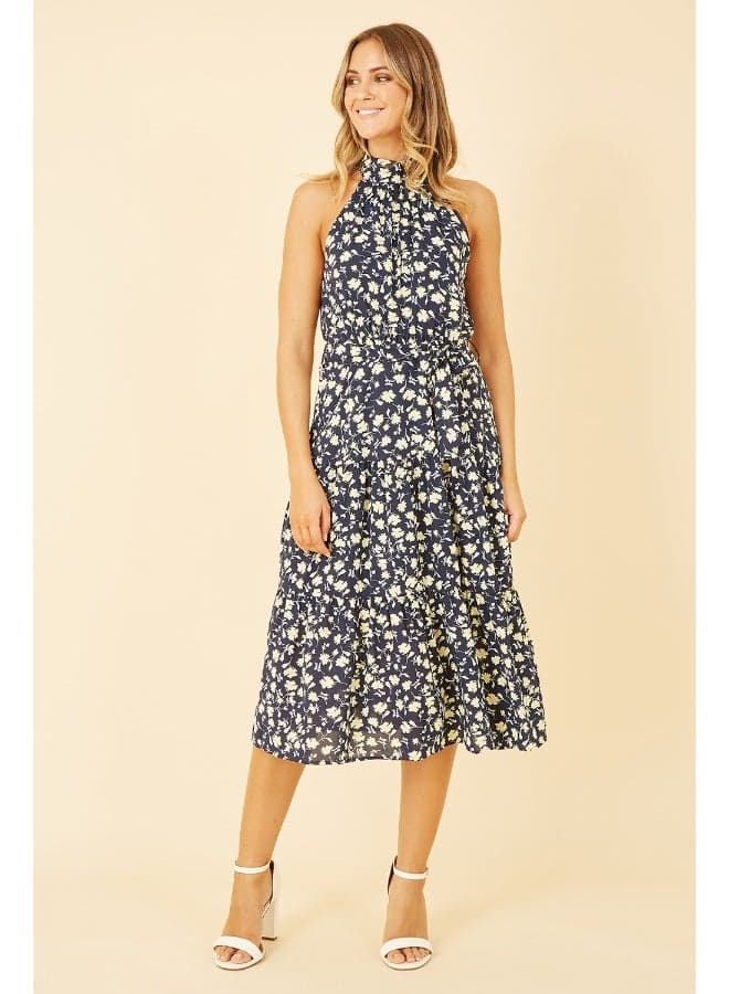 Navy Floral Halter Midi Dress with Tiered Skirt - Image 1