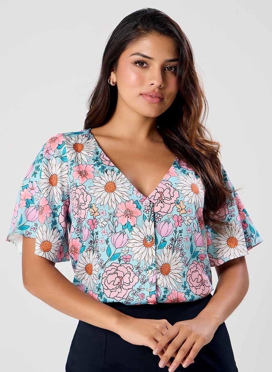 Printed V-Neck Flared Sleeve Top for Women - Image 1