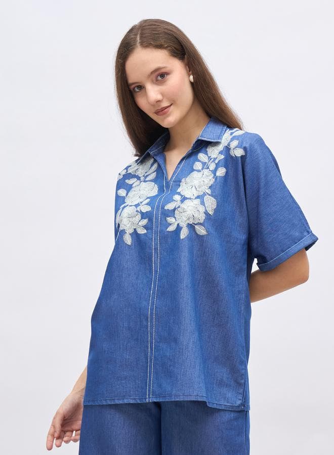 Oversized Chambray Embroidered Shirt - Image 1