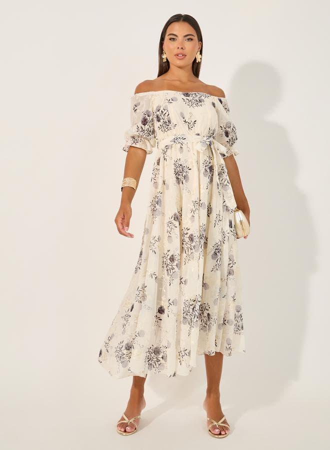 Romantic Floral Off-Shoulder Midi Dress with Tie Waist - Image 1