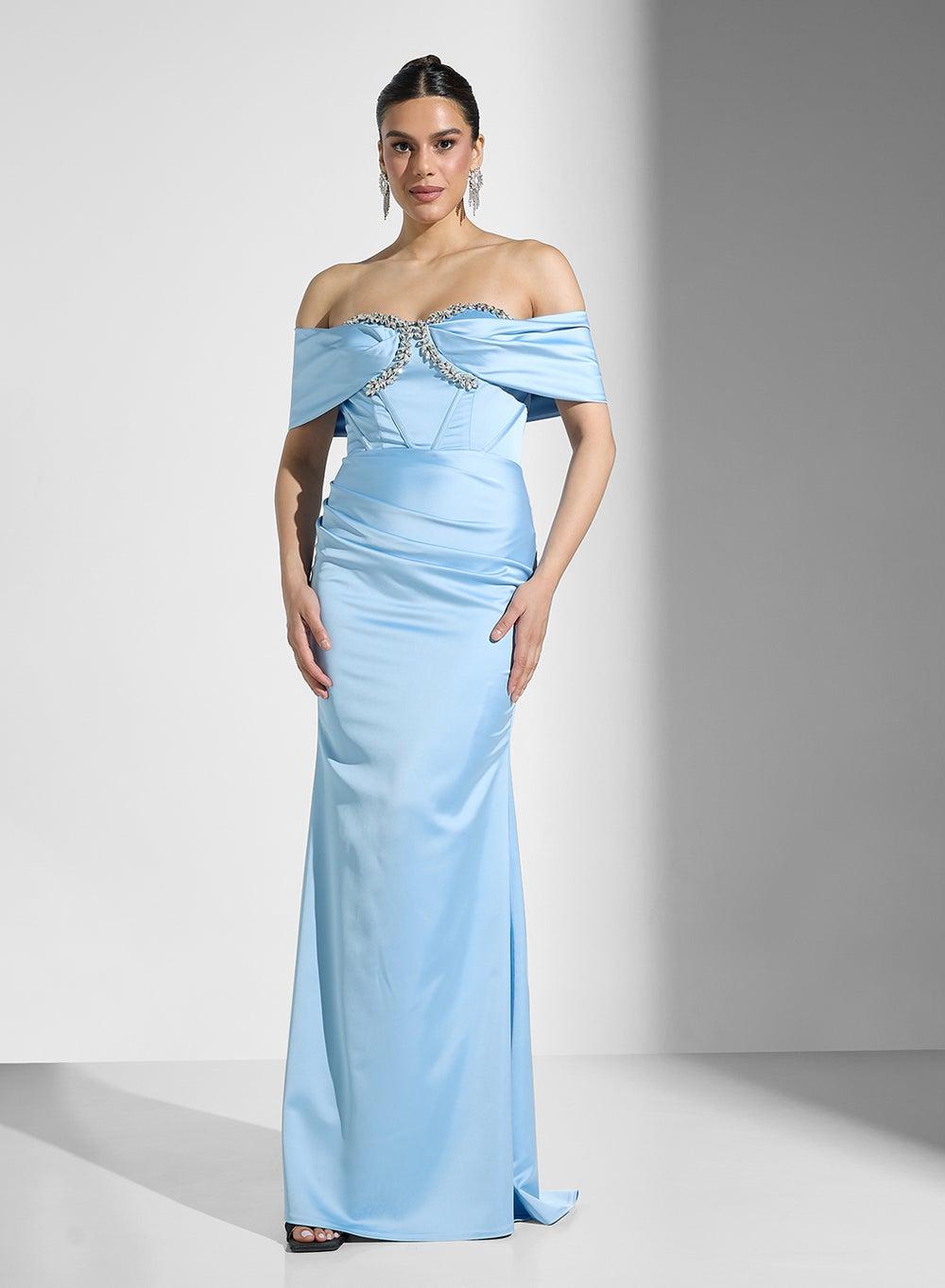 Light Blue Off-Shoulder Satin Evening Dress - Image 1