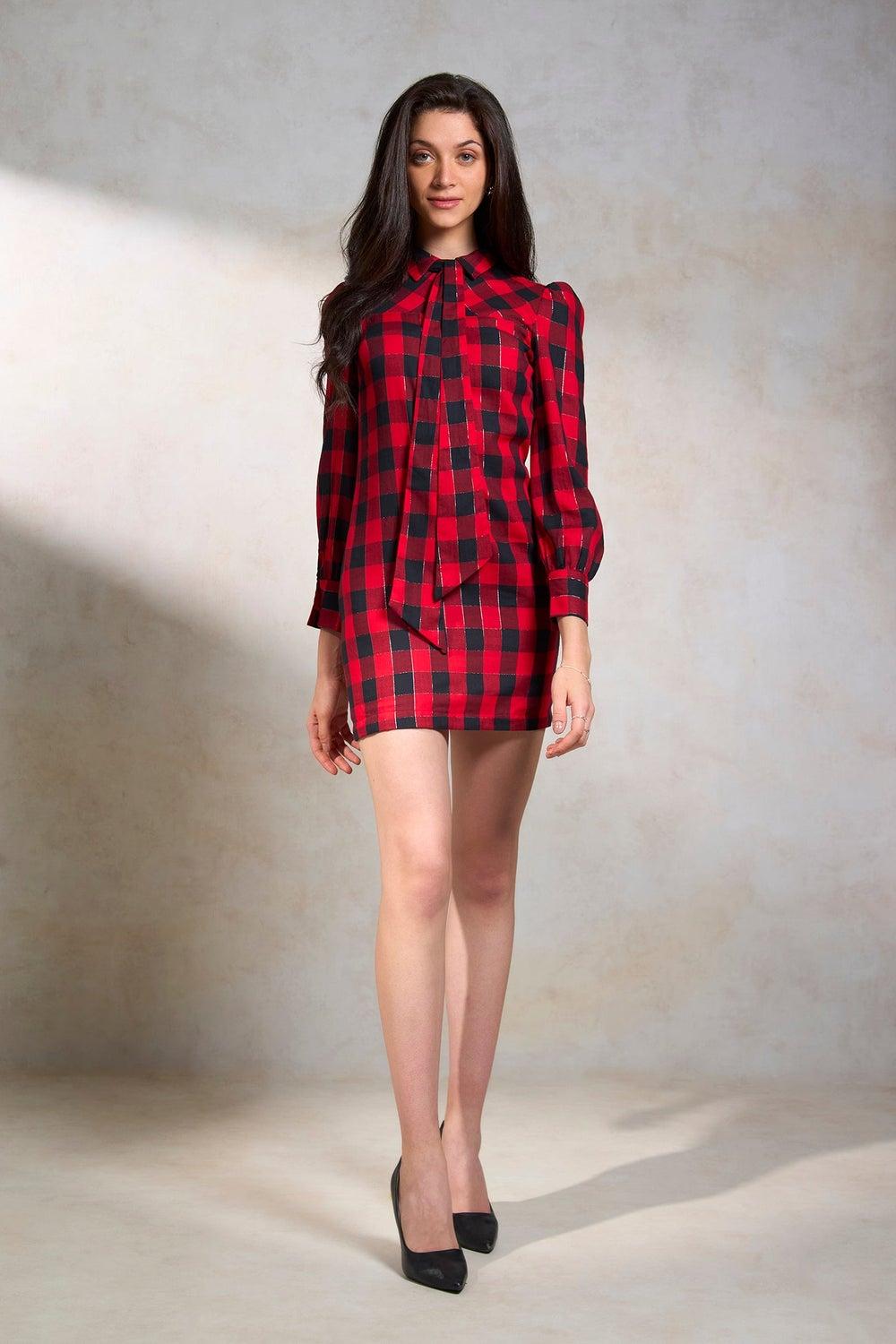 Red Plaid Tie-Neck Mini Dress - Image 1