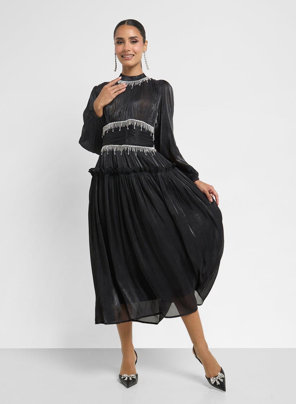 Black Pleated Long Sleeve Midi Dress with Embellishments - Image 1