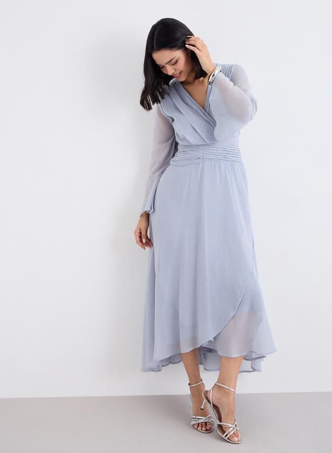 Pleated Waist Asymmetric Hem Maxi Dress - Image 1