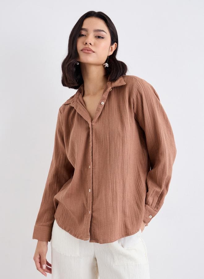 Styli Brown Textured Oversized Shirt for Women - Image 1