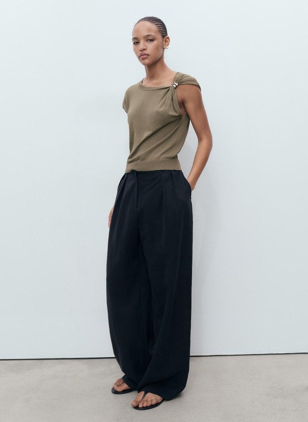 Asymmetric Fine-Knit Sweater with Metallic Accent - Image 1