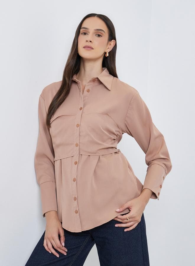 Styli Spread Collar Buttoned Brown Long Sleeve Shirt - Image 1