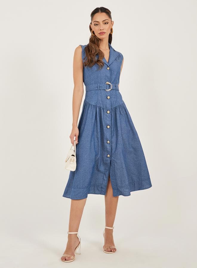 Styli Sleeveless Denim Midi Shirt Dress with Belt - Image 1