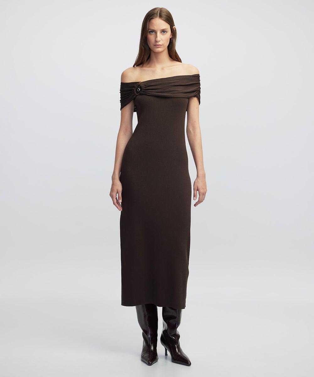 Slim Fit Off-Shoulder Knit Midi Dress - Image 1